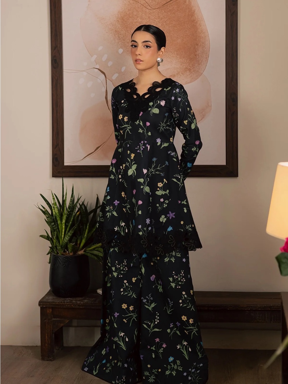 Black Floral Long-Sleeve A-Line Dress with Scalloped Neckline